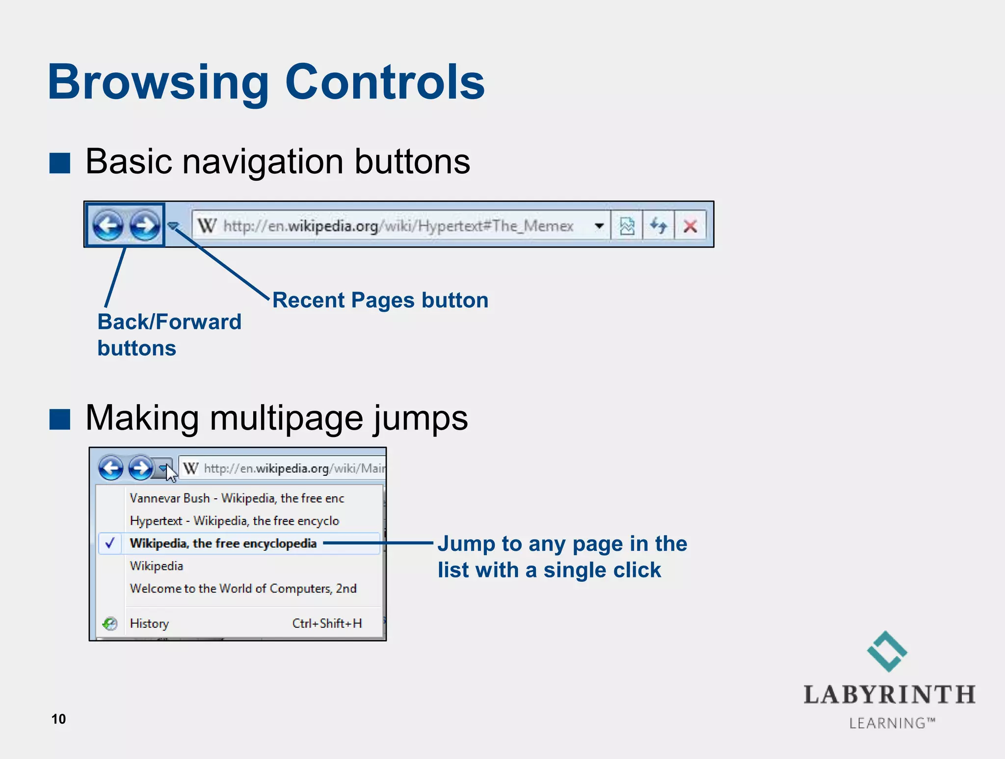 Browsing Controls
    Basic navigation buttons


                    Recent Pages button
     Back/Forward
     buttons


    Making multipage jumps


                                  Jump to any page in the
                                  list with a single click




10
 