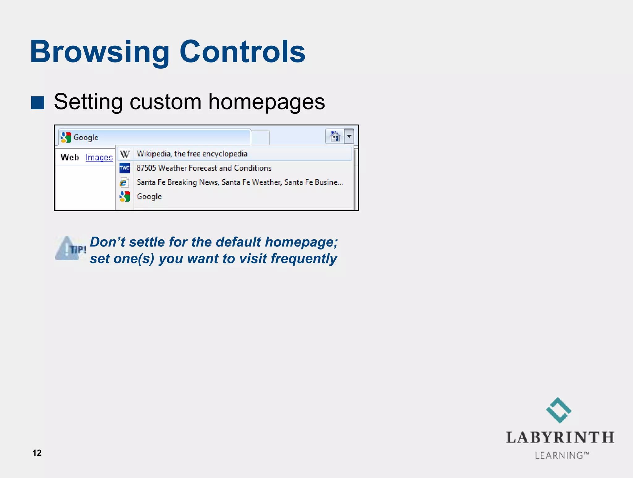 Browsing Controls
    Setting custom homepages




        Don’t settle for the default homepage;
        set one(s) you want to visit frequently




12
 