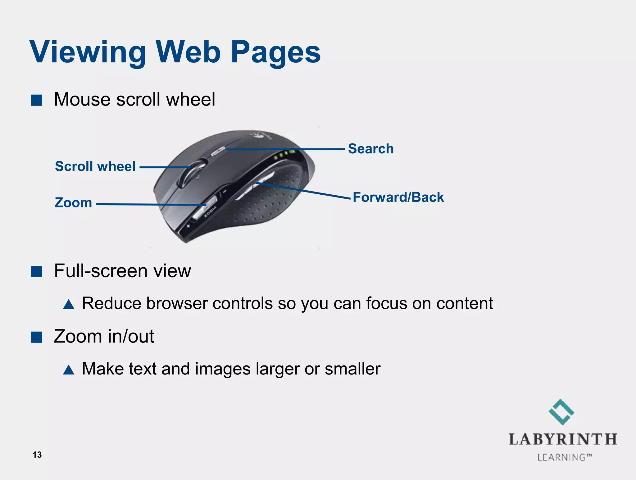 Viewing Web Pages
    Mouse scroll wheel

                                           Search
     Scroll wheel

     Zoom                                   Forward/Back




    Full-screen view
         Reduce browser controls so you can focus on content
    Zoom in/out
         Make text and images larger or smaller



13
 