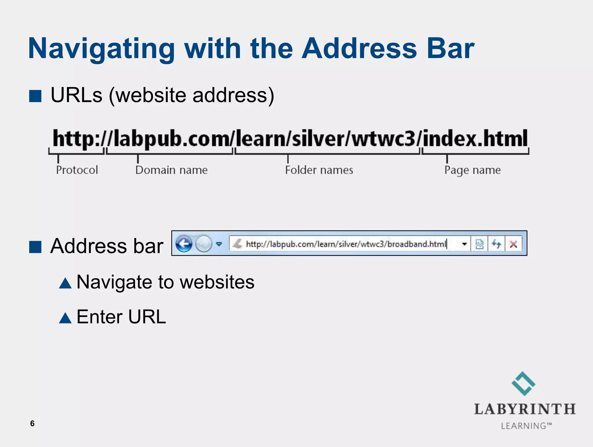 Navigating with the Address Bar
   URLs (website address)




   Address bar
     Navigate   to websites
     Enter   URL




6
 