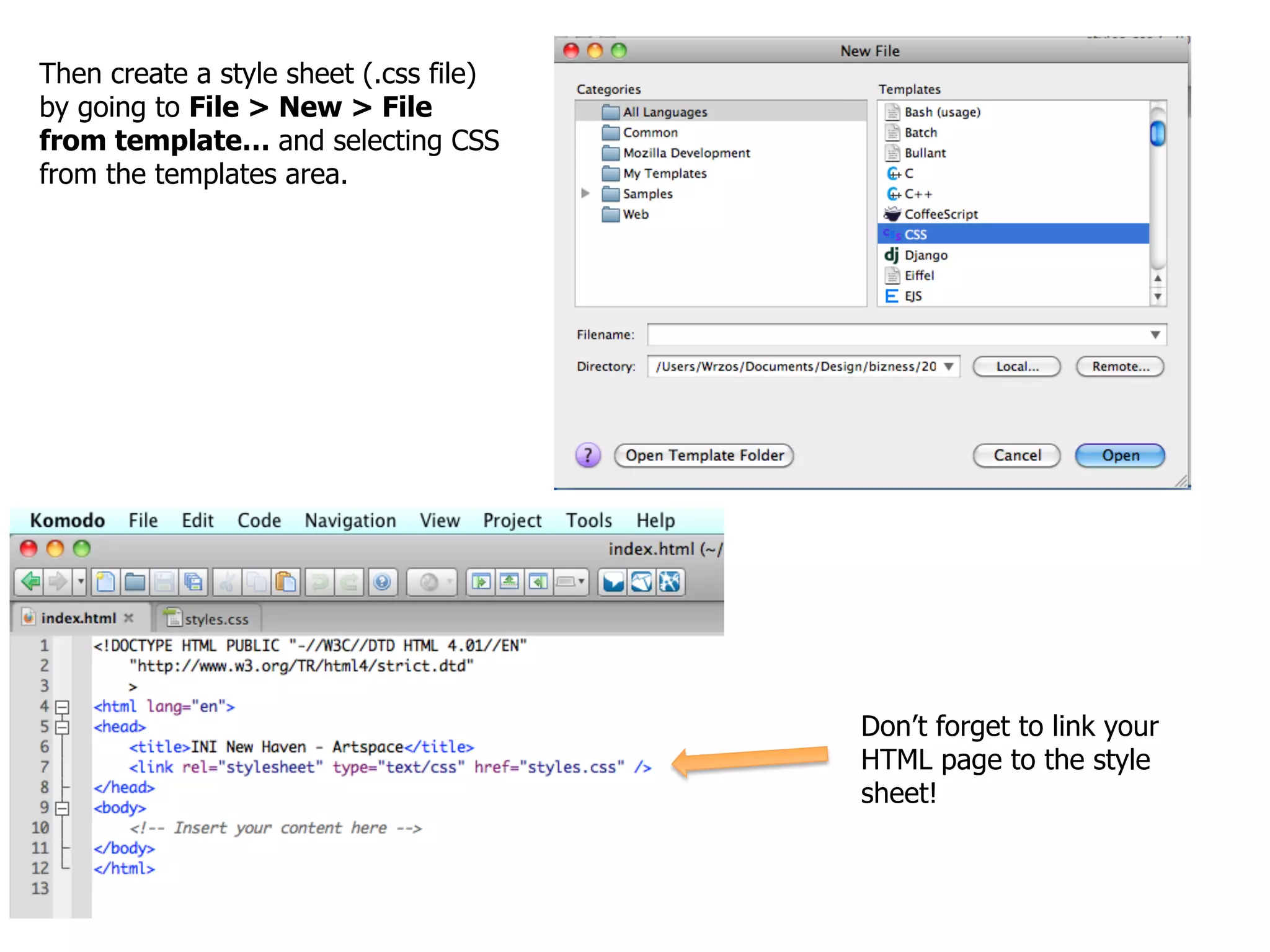 Then create a style sheet (.css file)
by going to File > New > File
from template… and selecting CSS
from the templates area.




                                        Don’t forget to link your
                                        HTML page to the style
                                        sheet!
 