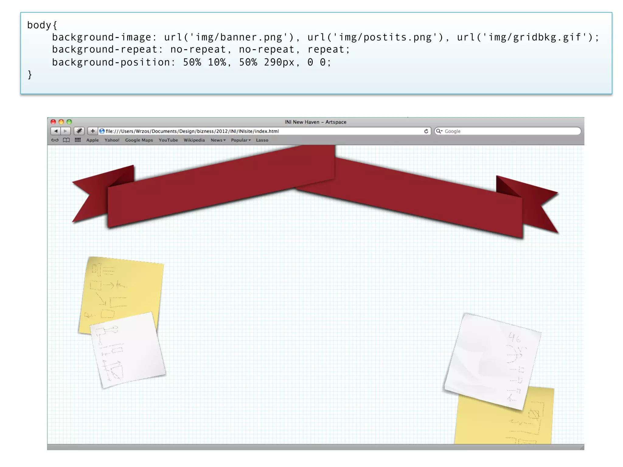 body{
    background-image: url('img/banner.png'), url('img/postits.png'), url('img/gridbkg.gif');
    background-repeat: no-repeat, no-repeat, repeat;
    background-position: 50% 10%, 50% 290px, 0 0;
}
 