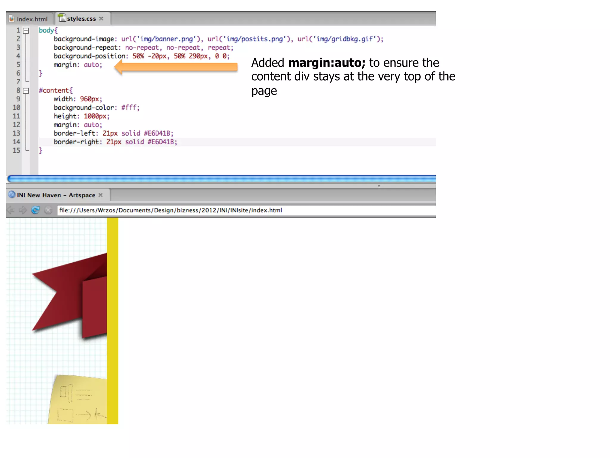 Added margin:auto; to ensure the
content div stays at the very top of the
page
 