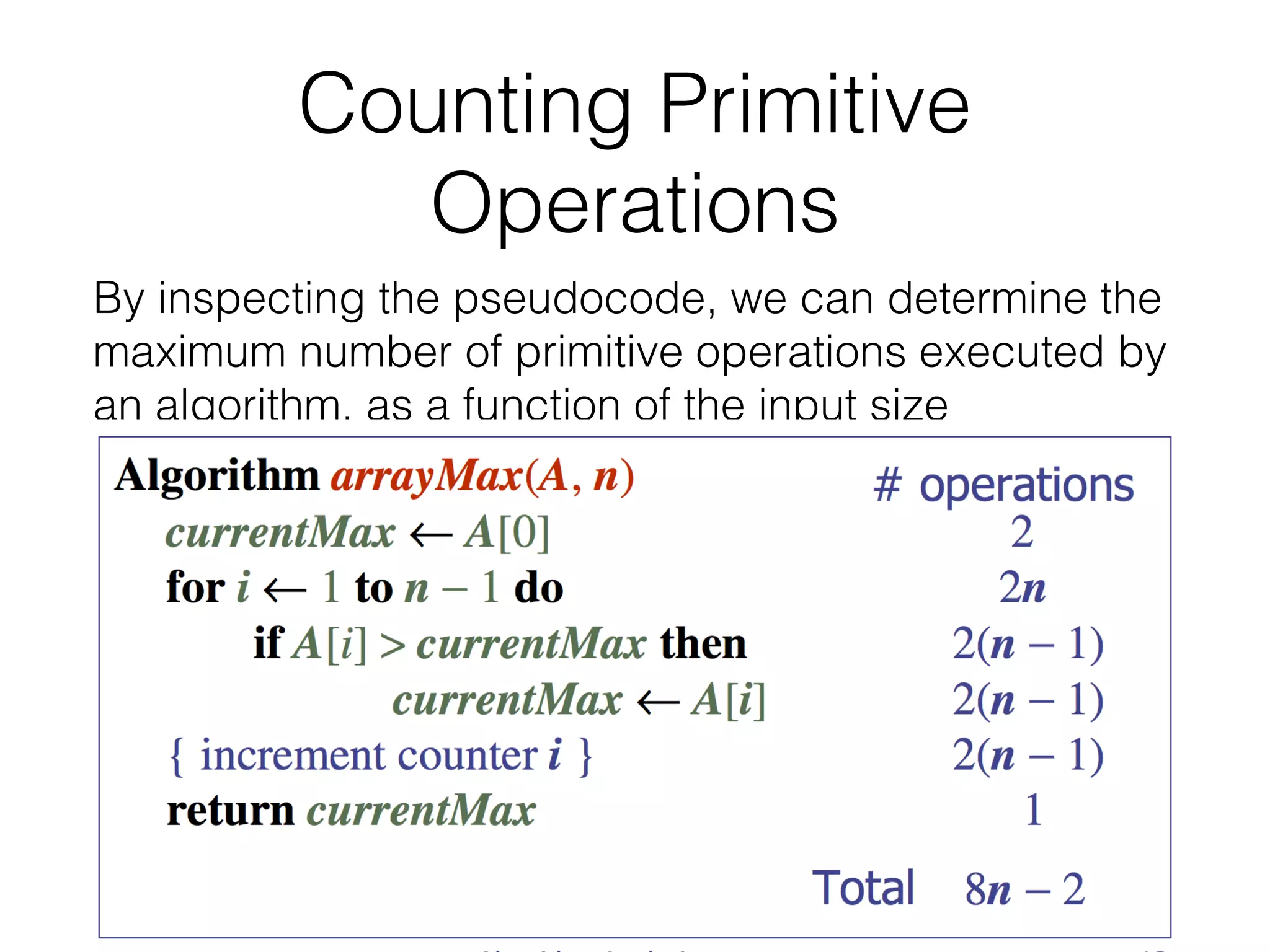 Counting Primitive
Operations
By inspecting the pseudocode, we can determine the
maximum number of primitive operations executed by
an algorithm, as a function of the input size
 