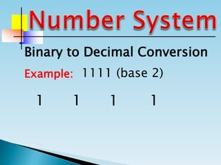Binary to Decimal Conversion
Example: 1111 (base 2)
1 1 1 1
 