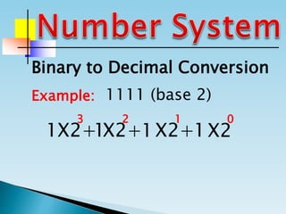 Binary to Decimal Conversion
Example: 1111 (base 2)
1 1 1 1X2+ X2+ X2+ X2
0123
 