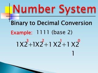 Binary to Decimal Conversion
Example: 1111 (base 2)
1 1 1 1X2+ X2+ X2+ X2
0123
1
 