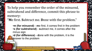 To help you remember the order of the minuend,
subtrahend and difference, commit this phrase to
memory:
"Me first. Subtract me. Done with the problem."
•m (for minuend) - me first, it comes first in the problem
•s (for subtrahend) - subtract me, it comes after the
minus sign
•d (for difference) - done with the problem, it is the
answer to the problem