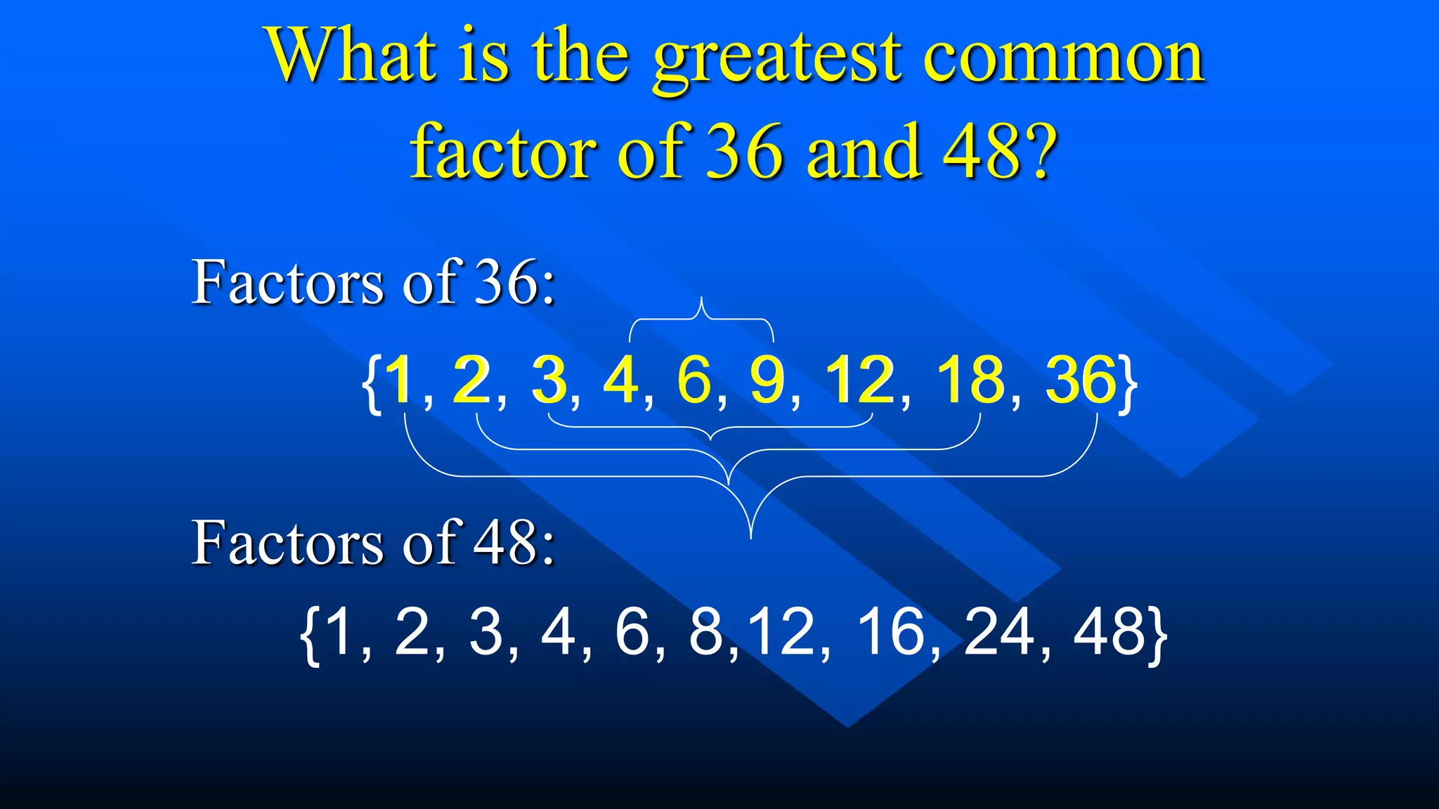 What is the greatest common
factor of 36 and 48?
Factors of 36:
Factors of 48:
{1, 2, 3, 4, 6, 9, 12, 18, 36}
36
1 2 18
3 12
4 9
6
{1, 2, 3, 4, 6, 8,12, 16, 24, 48}
 