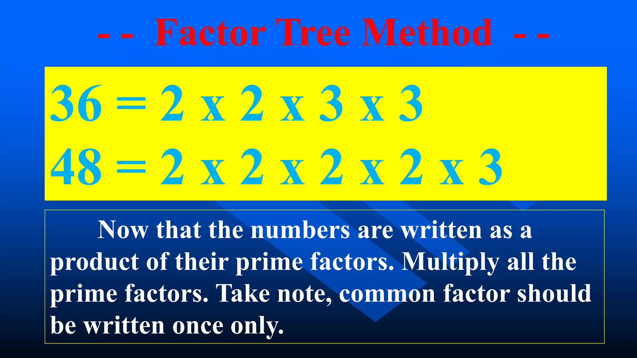 - - Factor Tree Method - -
36 = 2 x 2 x 3 x 3
48 = 2 x 2 x 2 x 2 x 3
Now that the numbers are written as a
product of their prime factors. Multiply all the
prime factors. Take note, common factor should
be written once only.
 