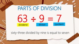 PARTS OF DIVISION
63 ÷ 9 = 7
dividend divisor quotient
sixty-three divided by nine is equal to seven