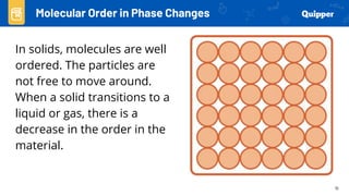 15
In solids, molecules are well
ordered. The particles are
not free to move around.
When a solid transitions to a
liquid or gas, there is a
decrease in the order in the
material.
Molecular Order in Phase Changes
 