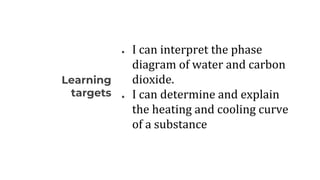 Learning
targets
● I can interpret the phase
diagram of water and carbon
dioxide.
● I can determine and explain
the heating and cooling curve
of a substance
 