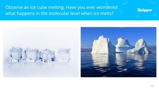 4
Observe an ice cube melting. Have you ever wondered
what happens in the molecular level when ice melts?
 