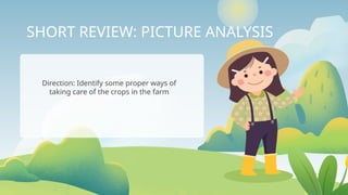 SHORT REVIEW: PICTURE ANALYSIS
Direction: Identify some proper ways of
taking care of the crops in the farm
 