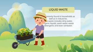LIQUID WASTE
is commonly found in households as
well as in industries.
This waste includes dirty water,
organic liquids, wash water, waste
detergents and even rainwater.
 
