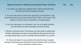 Steps Involved in Making Fermented Foliar Fertilizer Yes No
6. To check, you open the container then, sift the juice that was
formed from the fermented mixtures.
7. You can now make a mixture for spraying it on the plants (1 tsp.
of fermented fruit juice foliar fertilizer plus 100ml. clean water. Then
shake the mixture that was placed in a bottle sprayer.
8. You can now spray it on the plant, use it as an organic fertilizer
that will help your plants develop and grow healthy
9. Monitor and document if the plants you were able to apply foliar
fertilizer developed and grow successfully (by taking pictures with
corresponding dates on your recorded documentation as a proof).
10. Show and report to your teacher the results of your outputs
through submitting your portfolio of documentation with narratives
as your proofs for proper rating.
 