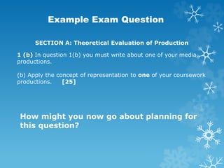 SECTION A: Theoretical Evaluation of Production
1 (b) In question 1(b) you must write about one of your media
productions.
(b) Apply the concept of representation to one of your coursework
productions. [25]
Example Exam Question
How might you now go about planning for
this question?
 
