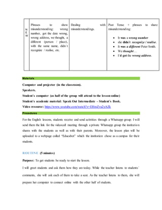 N
E
W
Phrases to show
misunderstanding: wrong
number, got the date wrong,
wrong address, we thought, a
different (person / place),
with the same name, didn´t
recognize / realise, etc.
Dealing with
misunderstandings.
Past Tense + phrases to share
misunderstanding:
 It was a wrong number
 she didn´t recognize / realise.
 It was a different Peter Smith.
 We thought…
 I´d got the wrong address.
Materials
Computer and projector (in the classroom).
Speakers.
Student´s computer (as half of the group will attend to the lesson online)
Student´s academic material: Speak Out Intermediate – Student´s Book.
Video resource: https://www.youtube.com/watch?v=EHmZvu2yAZk
Procedures
For the English lessons, students receive and send activities through a Whatsapp group. I will
send them the link for the videocall meeting through a private Whatsapp group the institution
shares with the students as well as with their parents. Moreover, the lesson plan will be
uploaded to a webpage called “Educabot” which the institution chose as a campus for their
students.
ROUTINE (5 minutes)
Purpose: To get students be ready to start the lesson.
I will greet students and ask them how they are today. While the teacher listens to students´
comments, she will ask each of them to take a seat. As the teacher listens to them, she will
prepare her computer to connect online with the other half of students.
 