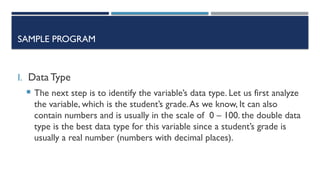 SAMPLE PROGRAM
I. Data Type
 The next step is to identify the variable’s data type. Let us first analyze
the variable, which is the student’s grade.As we know, It can also
contain numbers and is usually in the scale of 0 – 100. the double data
type is the best data type for this variable since a student’s grade is
usually a real number (numbers with decimal places).
 