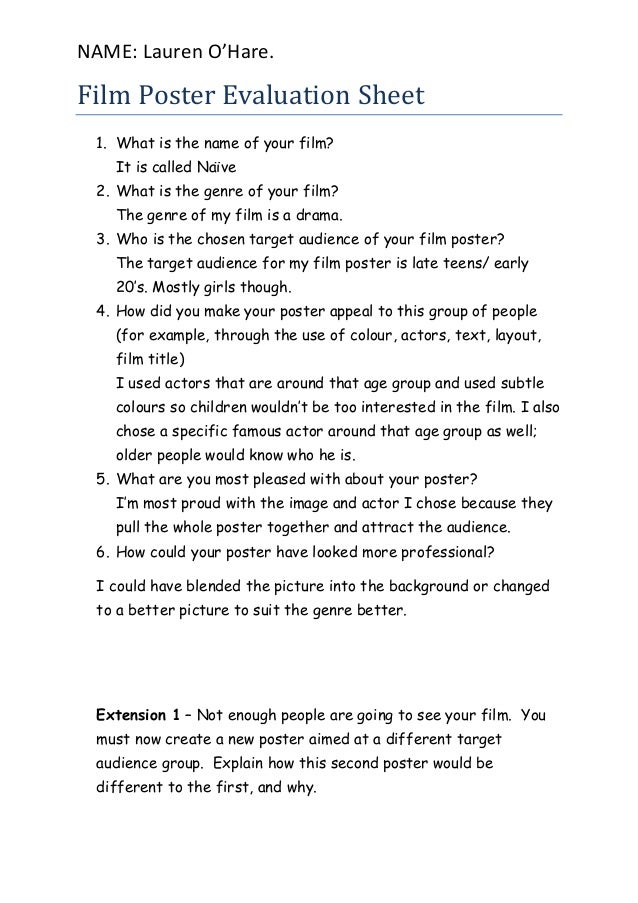 Lesson five audience 2 film poster evaluation sheet