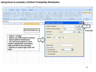 - Select 1 variable
- Select, say 1000 random numbers
- Select Uniform Distribution
- You will be prompted to insert
Uniform distribution parameters
(220 and 250 for this example)
- Specify an output right under the
label
6
7
Press OK
Using Excel to simulate a Uniform Probability Distribution
15
 