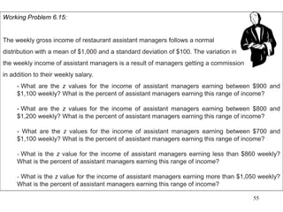 Working Problem 6.15:
The weekly gross income of restaurant assistant managers follows a normal
distribution with a mean of $1,000 and a standard deviation of $100. The variation in
the weekly income of assistant managers is a result of managers getting a commission
in addition to their weekly salary.
- What are the z values for the income of assistant managers earning between $900 and
$1,100 weekly? What is the percent of assistant managers earning this range of income?
- What are the z values for the income of assistant managers earning between $800 and
$1,200 weekly? What is the percent of assistant managers earning this range of income?
- What are the z values for the income of assistant managers earning between $700 and
$1,100 weekly? What is the percent of assistant managers earning this range of income?
- What is the z value for the income of assistant managers earning less than $860 weekly?
What is the percent of assistant managers earning this range of income?
- What is the z value for the income of assistant managers earning more than $1,050 weekly?
What is the percent of assistant managers earning this range of income?
55
 
