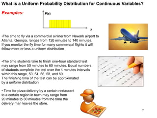 What is a Uniform Probability Distribution for Continuous Variables?
Examples: P(x)
x
•The time to fly via a commercial airliner from Newark airport to
Atlanta, Georgia, ranges from 120 minutes to 140 minutes.
If you monitor the fly time for many commercial flights it will
follow more or less a uniform distribution
•The time students take to finish one-hour standard test
may range from 50 minutes to 60 minutes. Equal numbers
of students complete the test over the 4 minutes intervals
within this range, 50, 54, 56, 58, and 60.
The finishing time of the test can be approximated
by a uniform distribution
• Time for pizza delivery by a certain restaurant
to a certain region in town may range from
20 minutes to 30 minutes from the time the
delivery man leaves the store.
7
 