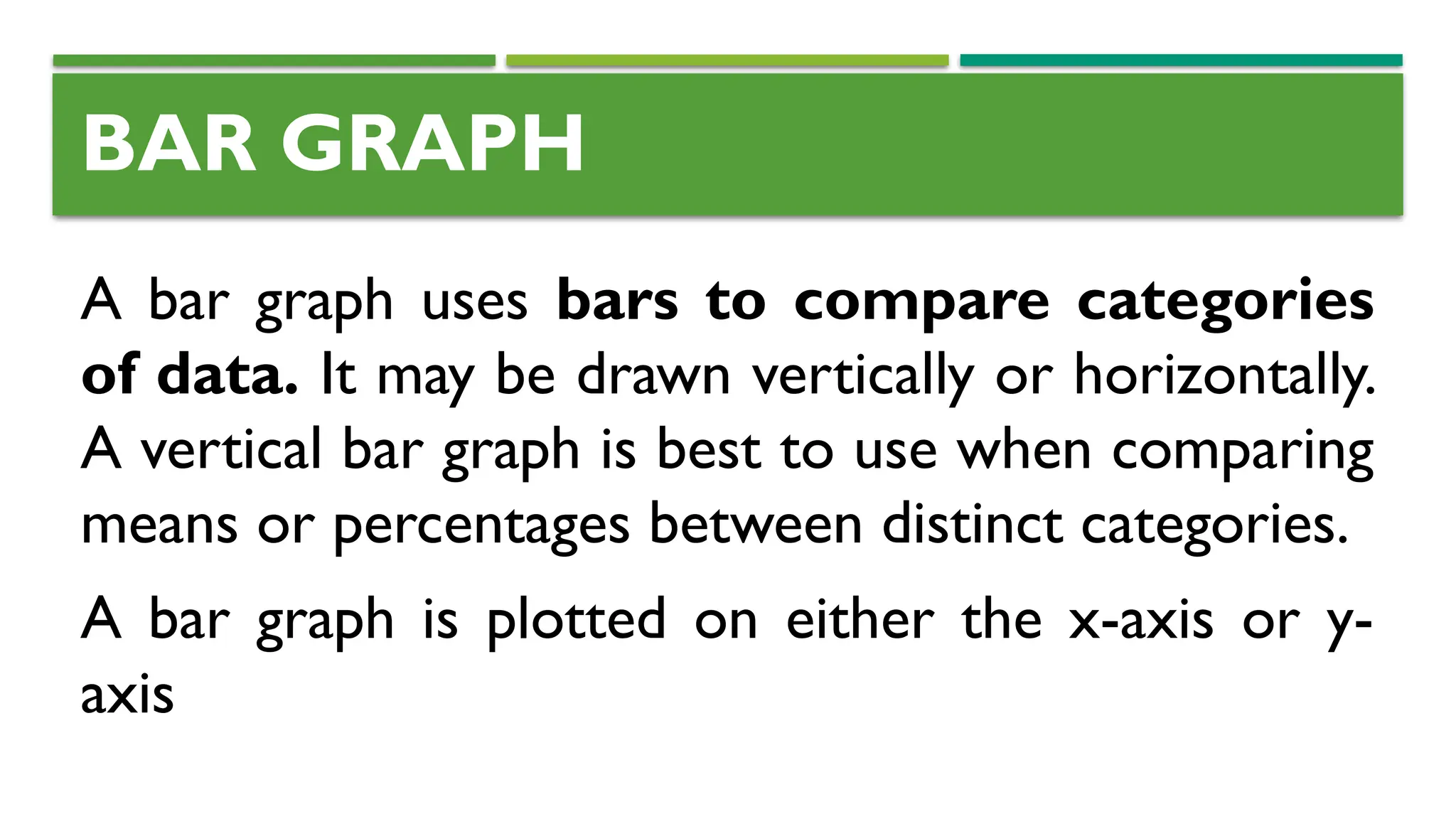BAR GRAPH
A bar graph uses bars to compare categories
of data. It may be drawn vertically or horizontally.
A vertical bar graph is best to use when comparing
means or percentages between distinct categories.
A bar graph is plotted on either the x-axis or y-
axis
 