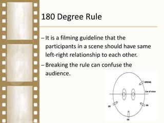 180 Degree Rule
– It is a filming guideline that the
participants in a scene should have same
left-right relationship to each other.
– Breaking the rule can confuse the
audience.
 