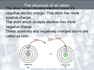 The atom which donates electron loses it's
negative electric charge. This atom has more
positive charge.
The atom which accepts electron has more
negative charge .
These positively and negatively charged atoms are
called as ions.
The structure of an atom
 