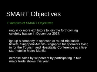 SMART Objectives
Examples of SMART Objectives
ring in xx more exhibitors to join the forthcoming
celebrity bazaar in December 2017.
ign up a company to sponsor xx round-trip coach
tickets, Singapore-Manila-Singapore for speakers flying
in for the Tourism and Hospitality Conference at a five-
star hotel in Metro Manila.
ncrease sales by xx percent by participating in two
major trade shows this year.
 