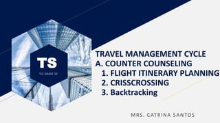 TS
TLE GRADE 10
TRAVEL MANAGEMENT CYCLE
A. COUNTER COUNSELING
1. FLIGHT ITINERARY PLANNING
2. CRISSCROSSING
3. Backtracking
MRS. CATRINA SANTOS
 