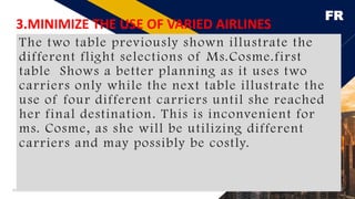 FR
Add a footer 28
3.MINIMIZE THE USE OF VARIED AIRLINES
The two table previously shown illustrate the
different flight selections of Ms.Cosme.first
table Shows a better planning as it uses two
carriers only while the next table illustrate the
use of four different carriers until she reached
her final destination. This is inconvenient for
ms. Cosme, as she will be utilizing different
carriers and may possibly be costly.
 