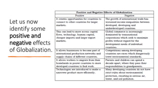 Let us now
identify some
positive and
negative effects
of Globalization.
 