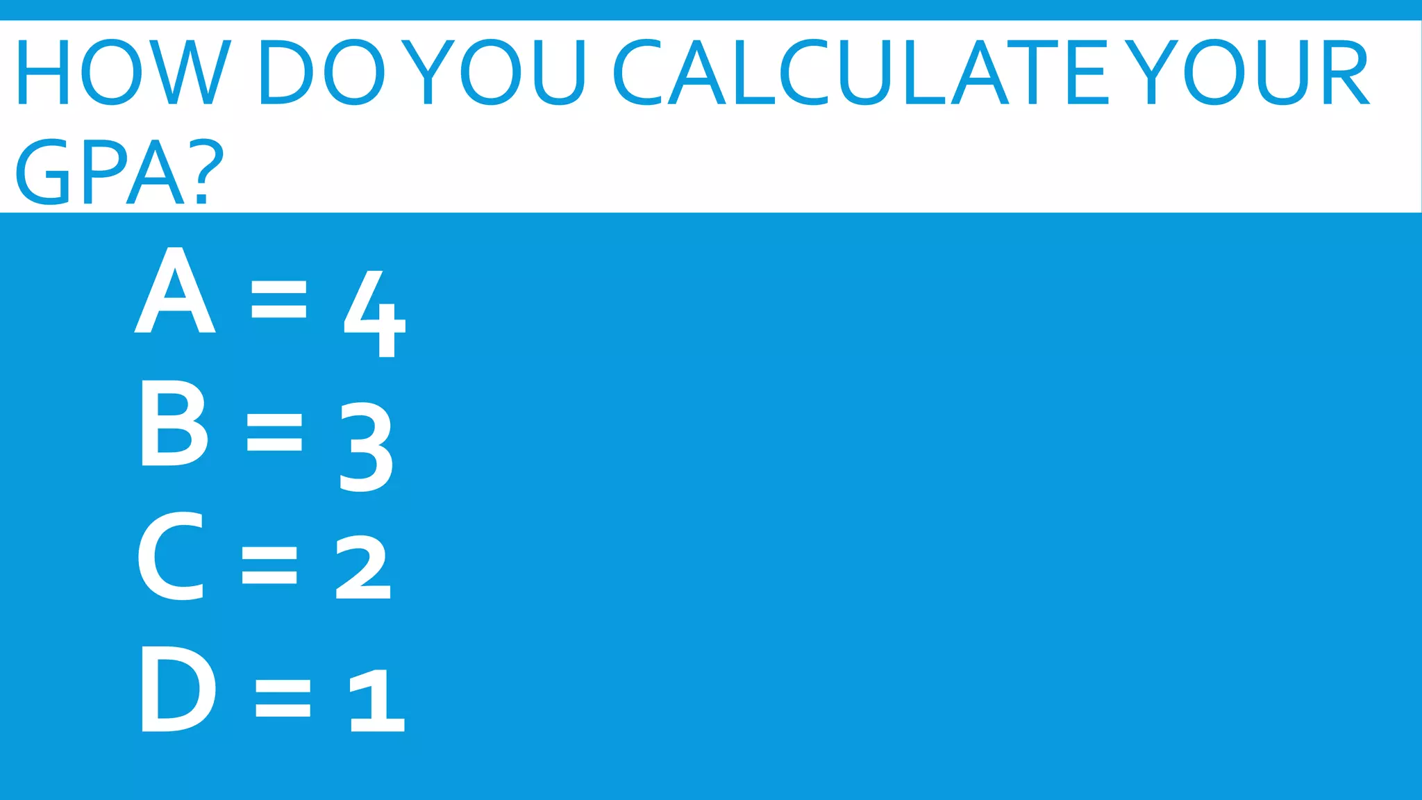 HOW DO YOU CALCULATE YOUR 
GPA? 
A = 4 
B = 3 
C = 2 
D = 1 
 