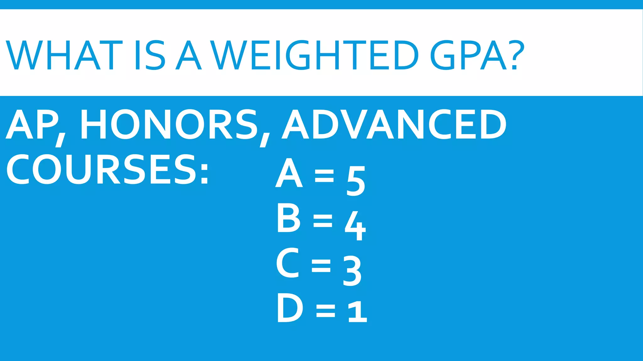 WHAT IS A WEIGHTED GPA? 
AP, HONORS, ADVANCED 
COURSES: A = 5 
B = 4 
C = 3 
D = 1 
 