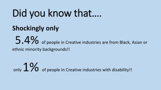 Did you know that….
Shockingly only
5.4% of people in Creative industries are from Black, Asian or
ethnic minority backgrounds!!
only 1% of people in Creative industries with disability!!
 
