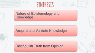 SYNTHESIS
25
Nature of Epistemology and
Knowledge
Acquire and Validate Knowledge
Distinguish Truth from Opinion
 