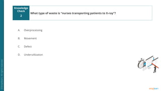 Knowledge
Check
A.
B.
C.
D.
2
What type of waste is “nurses transporting patients to X-ray”?
Overprocessing
Movement
Defect
Underutilization
 