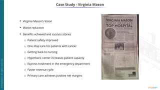 Case Study - Virginia Mason
• Virginia Mason’s Vision
• Waste reduction
• Benefits achieved and success stories
o Patient safety improved
o One-stop care for patients with cancer
o Getting back to nursing
o Hyperbaric center increases patient capacity
o Express treatment in the emergency department
o Faster revenue cycle
o Primary care achieves positive net margins
 