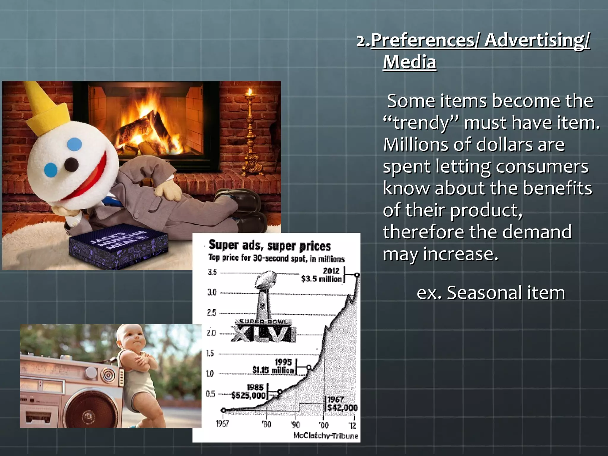 2.2.Preferences/ Advertising/Preferences/ Advertising/
MediaMedia
Some items become theSome items become the
“trendy” must have item.“trendy” must have item.
Millions of dollars areMillions of dollars are
spent letting consumersspent letting consumers
know about the benefitsknow about the benefits
of their product,of their product,
therefore the demandtherefore the demand
may increase.may increase.
ex. Seasonal itemex. Seasonal item
 