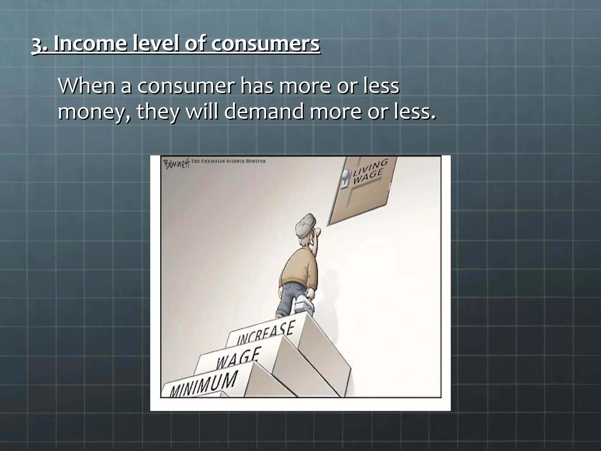 3. Income level of consumers3. Income level of consumers
When a consumer has more or lessWhen a consumer has more or less
money, they will demand more or less.money, they will demand more or less.
 