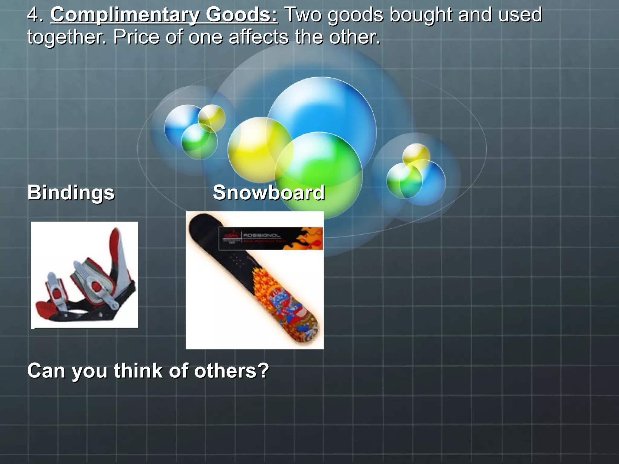 4.4. Complimentary Goods:Complimentary Goods: Two goods bought and usedTwo goods bought and used
together. Price of one affects the other.together. Price of one affects the other.
BindingsBindings SnowboardSnowboard
Can you think of others?Can you think of others?
 