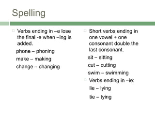 Spelling
   Verbs ending in –e lose        Short verbs ending in
    the final -e when –ing is       one vowel + one
    added.                          consonant double the
    phone – phoning                 last consonant.
    make – making                   sit – sitting
    change – changing               cut – cutting
                                    swim – swimming
                                   Verbs ending in –ie:
                                     lie – lying
                                    tie – tying
 