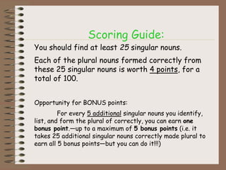 Scoring Guide:
You should find at least 25 singular nouns.
Each of the plural nouns formed correctly from
these 25 singular nouns is worth 4 points, for a
total of 100.
Opportunity for BONUS points:
For every 5 additional singular nouns you identify,
list, and form the plural of correctly, you can earn one
bonus point.—up to a maximum of 5 bonus points (i.e. it
takes 25 additional singular nouns correctly made plural to
earn all 5 bonus points—but you can do it!!!)
 