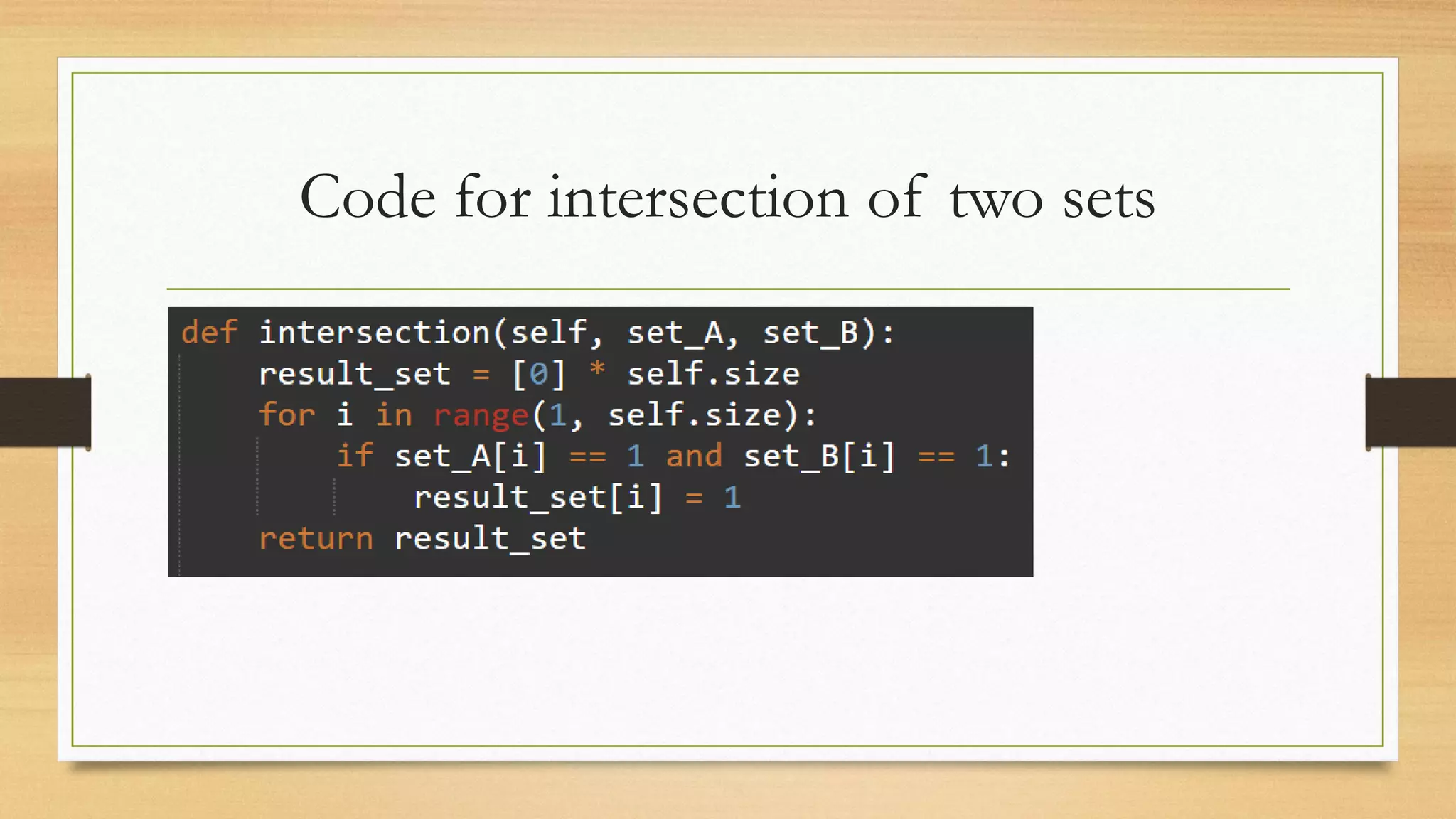 Code for intersection of two sets
 