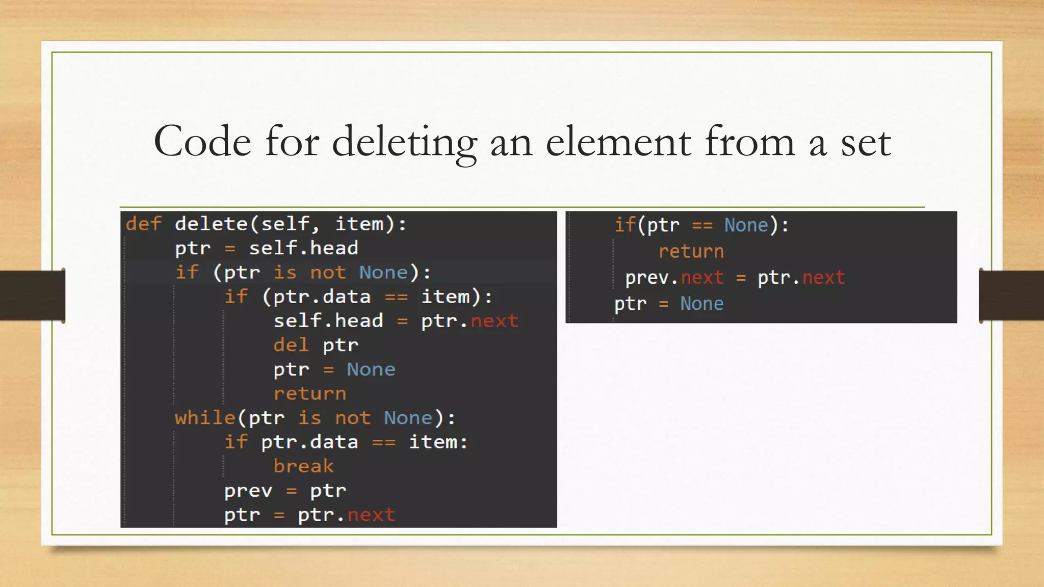 Code for deleting an element from a set
 