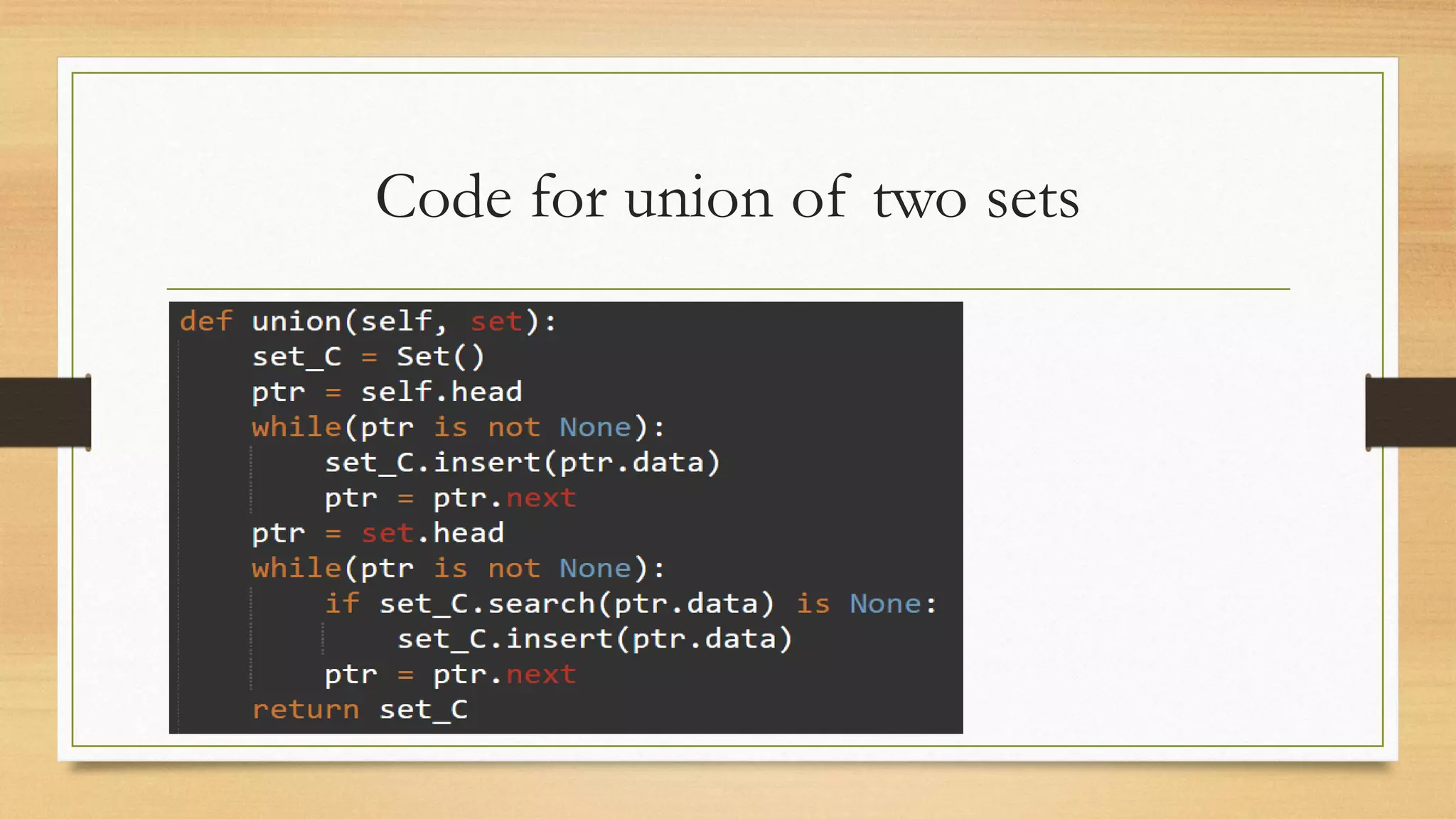 Code for union of two sets
 