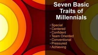 Seven Basic
Traits of
Millennials
• Special
• Centered
• Confident
• Team Oriented
• Conventional
• Pressured
• Achieving
 